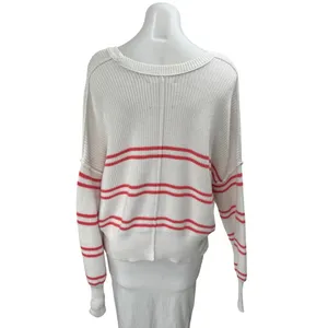 Aerie Beyond White Red Striped Long Sleeve Oversized Cropped Sweater Top Size S thumbnail 2