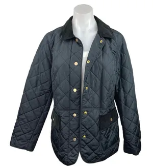 Charter Club Navy Corduroy Trim Snap Buttons Quilted Puffer Coat Jacket Sz M thumbnail 1