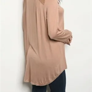 Very J Henley Button Neck Hi-Low Top Blouse Roll Sleeve Taupe Medium thumbnail 2