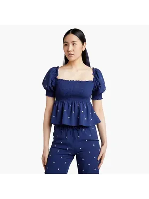 Hill House Home Jewel Jammy Top Navy Blue Smocked Peplum Puff Sleeve Size M thumbnail 2