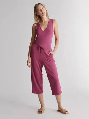 QUINCE Sleeveless V-Neck French Terry Modal Jumpsuit in Rose Size Large thumbnail 5