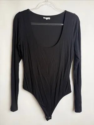 Good American Scoop Neck Long Sleeve Black Bodysuit Size 3 (Large) thumbnail 1