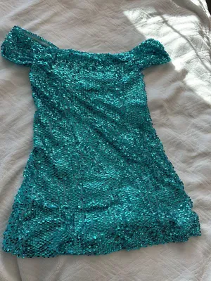 Glittering Nights Aqua Blue Sequin Off-the-Shoulder Mini Dress thumbnail 1