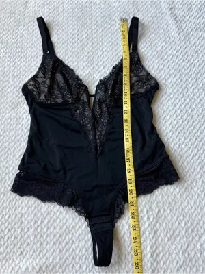 Plunge V Neck Shapewear Sculpting Thong Bodysuit L Black Lace Teddy Whimsigoth thumbnail 13