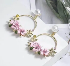 Women's Pearl Pink Crystal Flower Dangle Drop Hoop Earrings thumbnail 2
