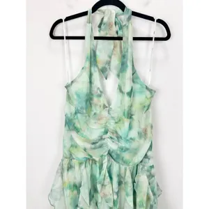 Lulus Febe Teal Green Multi Abstract Halter Ruffled Midi Dress Party XL NWT thumbnail 11