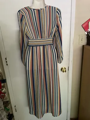 Penelope Asymmetric Stripe Long Sleeve Linen and Silk Shirtdress, featuring a V-neckline thumbnail 6