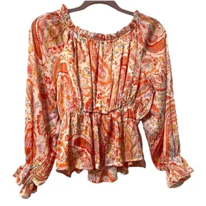 Pink Lily Off the Path Peplum‎ Blouse Orange Paisley Long Sleeve Womens Medium thumbnail 2