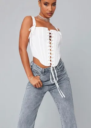 Prettylittlething Cream Velvet Lace Up Top thumbnail 3