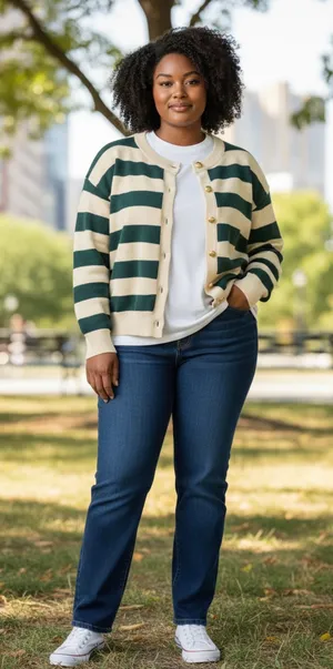 Long Sleeve Crew Neck Button Up Striped Sweater Cardigan Green White Size Large thumbnail 1