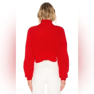 Lovers + Friends‎ Revolve Union Red Chunky Knit Cropped Mockneck Sweater size L thumbnail 5