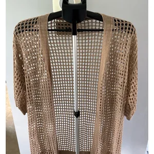 Women's Tan Woven‎ Short Sleeve Cardigan Size Small thumbnail 2
