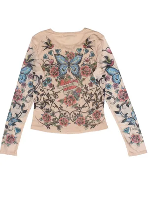 Madden Girl Y2K Tattoo Print Mesh Long Sleeve Top Butterflies Hearts Roses 2XL thumbnail 3