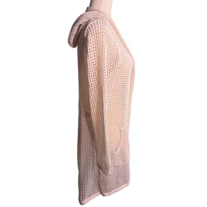 Cream Open Crochet Knit Hooded Long Cardigan Sweater Size M Boho thumbnail 2