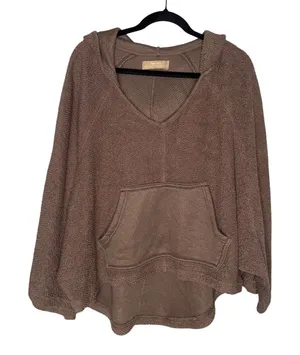 Free People Free-est Hoodie Women Med Brown Excellent Terry Beach Poncho V-Neck‎ thumbnail 1