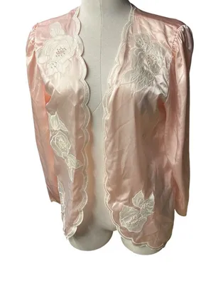 Vintage Victorias Secret Pink Satin Floral Embroidered Robe W/Scalloped Edges SM thumbnail 1
