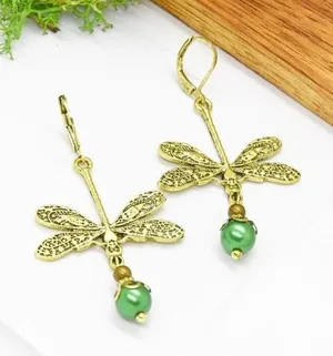 Gold Dragonfly Earrings Green thumbnail 1