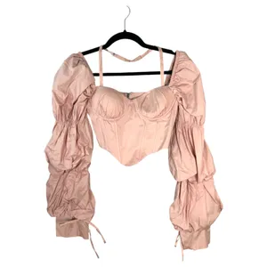 Oh Polly Blush Pink Bustier Corset Off Shoulder Long Sleeve Blouse Crop 2 NEW thumbnail 1