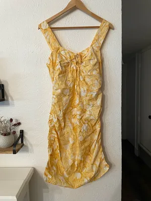 NWT Anthropologie Louna Yellow Floral Print Tie-Front Ruched Mini Dress Large thumbnail 3
