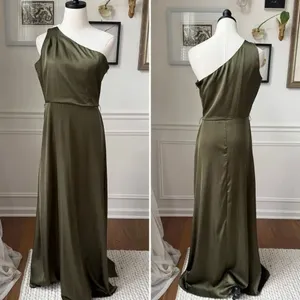 Nicole Miller Satin Olive Ivy Green One Shoulder Dress Size 4 S thumbnail 2