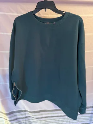 Danskin Dark Teal Ribbed Zip Sleeve Crewneck | Minimalist Edgy Cozy Sweatshirt thumbnail 1