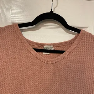 Paper Crane Size S Pink Waffle Knit V Neck Short Sleeve Ruffle Hem Peplum Top thumbnail 2
