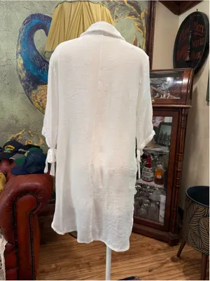 Womens White Gauze Linen Blend Tunic Dress Shirt V-Neck Tie Sleeve Beach Coverup thumbnail 5