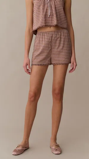 NWT Few Moda Lila Shorts size Large L gingham brown rust lace trim Kourt thumbnail 1
