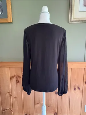 White House Black Market Black Long Sheer Sleeve Keyhole Blouse with Trim M NWT thumbnail 5