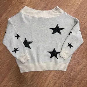 Star Sweater Cream Black Boat Neck Chunky Knit Celestial‎ Casual Cozy XL/2XL thumbnail 3