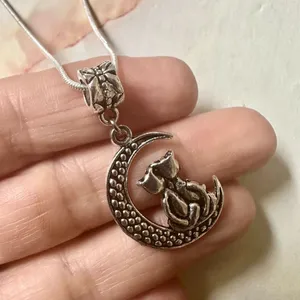 Silver tone cats sitting on moon pendant necklace Silver thumbnail 7
