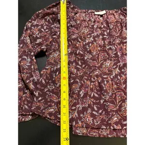 LOFT Women XL Burgundy Floral Paisley Peplum Blouse Long Sleeve Crinkle Top thumbnail 3