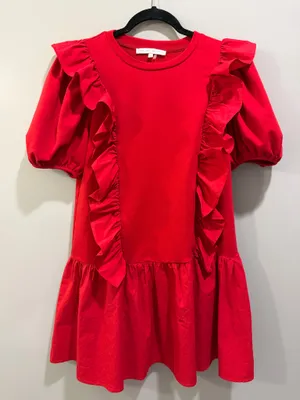 English Factory Mixed Media Ruffle Detail Puff Sleeve Mini Dress Red thumbnail 3