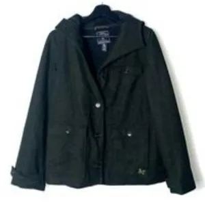 American Eagle Womens Wool Pea Coat Size M Dark Olive Marled Fleece Lined Hooded thumbnail 3