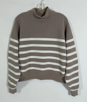 CALIA Womens M Taupe White Striped Mock Neck Cropped Pullover Sweatshirt thumbnail 1