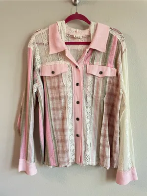 POL Patchwork Plaid LaceRelaxed Hooded Shirt Jacket Size Small thumbnail 2