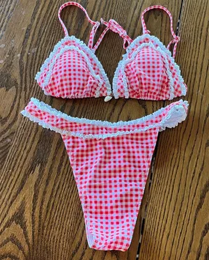Red and White Check with Lace Trim Bikini Top Bottoms Set Women’s Large thumbnail 1