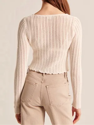 Abercrombie & Fitch Cream Open-Knit V-Neck Cropped scalloped Sweater Size XL NWT thumbnail 2