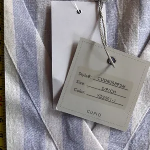 Cupio Babydoll Dress Linen Blend Blue White Stripe Medium Coastal Cottagecore thumbnail 7