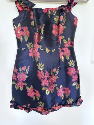 NWT Lulus Pop the Bottle Navy Blue Floral Jacquard Ruffled Mini Dress Size Small thumbnail 5