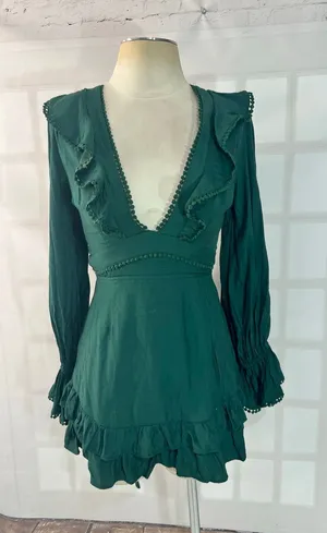 Altar’d State Green V-Neck Lace Up Back Ruffle Layered Mini Dress Size Medium thumbnail 1
