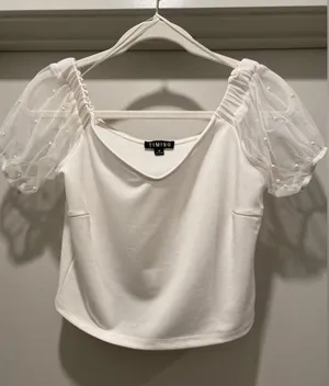 White Blouse Crop Top With Mesh & Pearl Detail Puff Sleeves - M thumbnail 7
