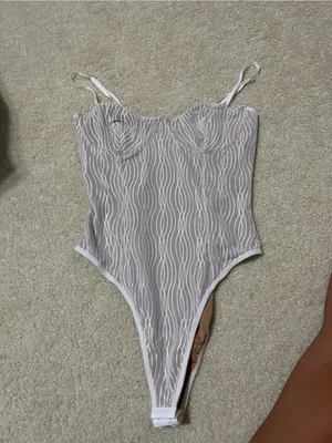 White fox Sheer Wave Mesh Bodysuit in Nude and White thumbnail 2
