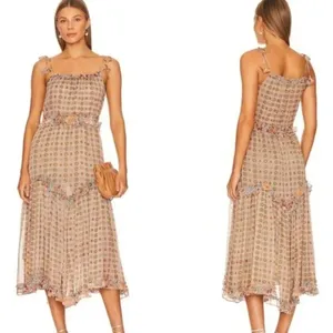 MISA Los Angeles Nita Midi Ruffle Dress in Flora Tile Mix Green and Pink Size M NWT thumbnail 14