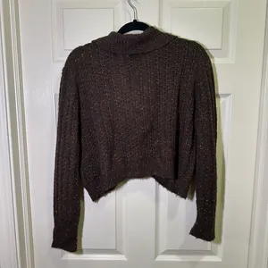 Y2K Sweater Cardigan Brown Tinsel Sz XL Single Button Curved Cropped Cable Knit thumbnail 5