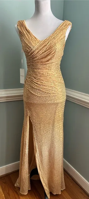 Gold Sequin Ruched V-Neck Prom Gown thumbnail 1