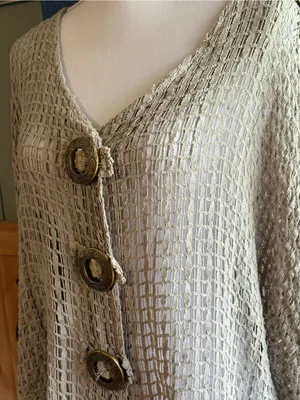 Keren Hart Beige Open Weave Crochet Cardigan L Boho Lagenlook Statement Buttons thumbnail 2