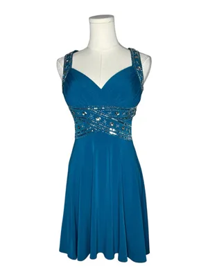 Vintage Blue Beaded Waist Criss Cross Back Mini Cocktail Dress Party Fairycore thumbnail 3