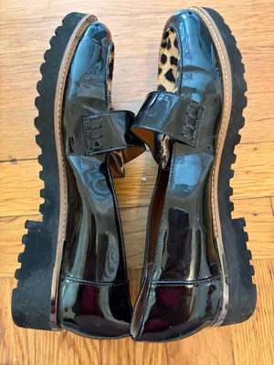 Franco Sarto Coen Black Patent Leather Leopard Print Loafers Workwear Business 8 thumbnail 8