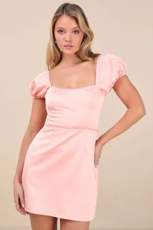 NWT Lulus Adorable Poise Peach Pink Pearl Puff Sleeve Mini Dress Party Size XS thumbnail 1